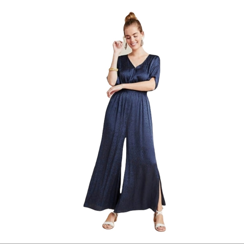 Maeve Size Small Jacqueline Blue Satin Jumpsuit